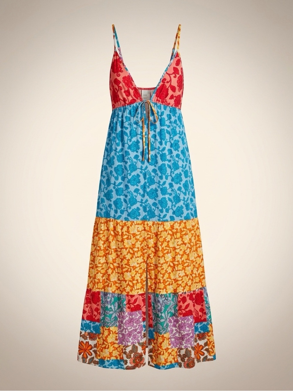 Bar III Colorblock Floral Tiered Maxi Dress in Red, Blue & Orange
